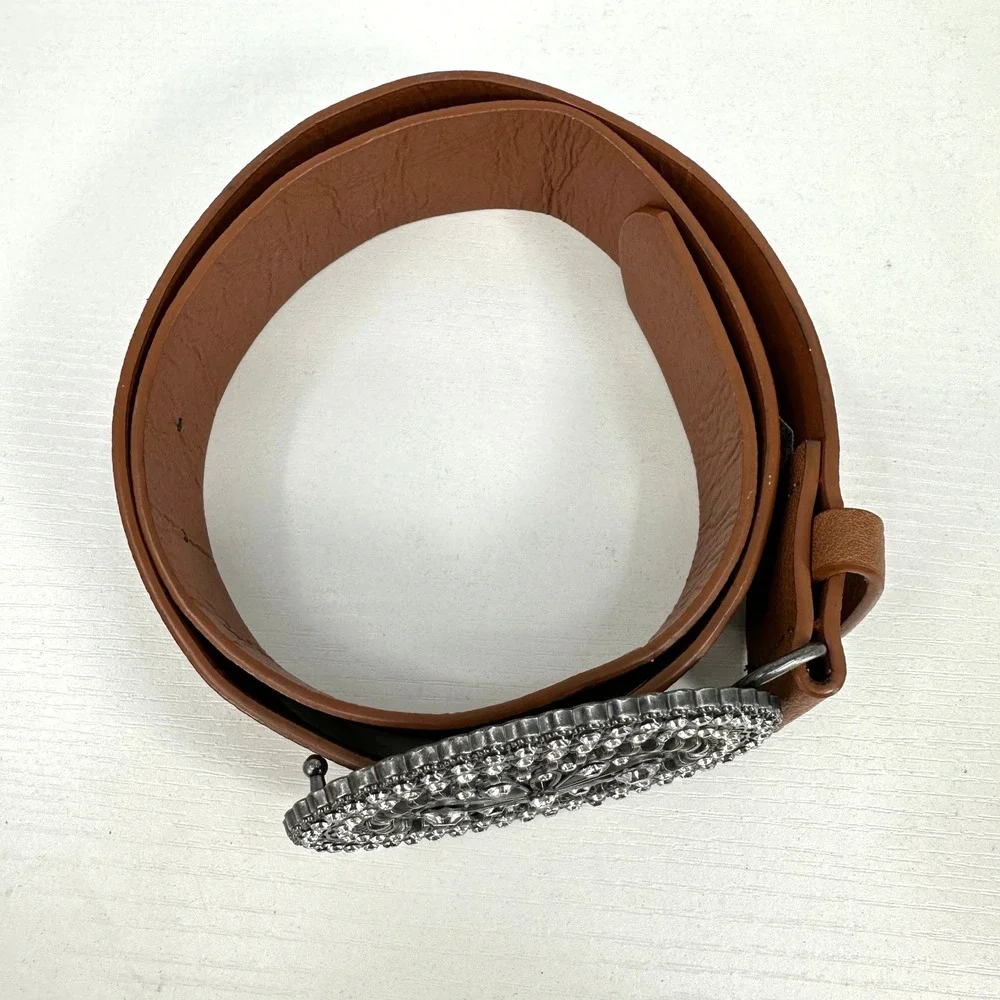 Cognac Brown Faux Leather Belt Oversized Rhinestone Western Buckle Size 5